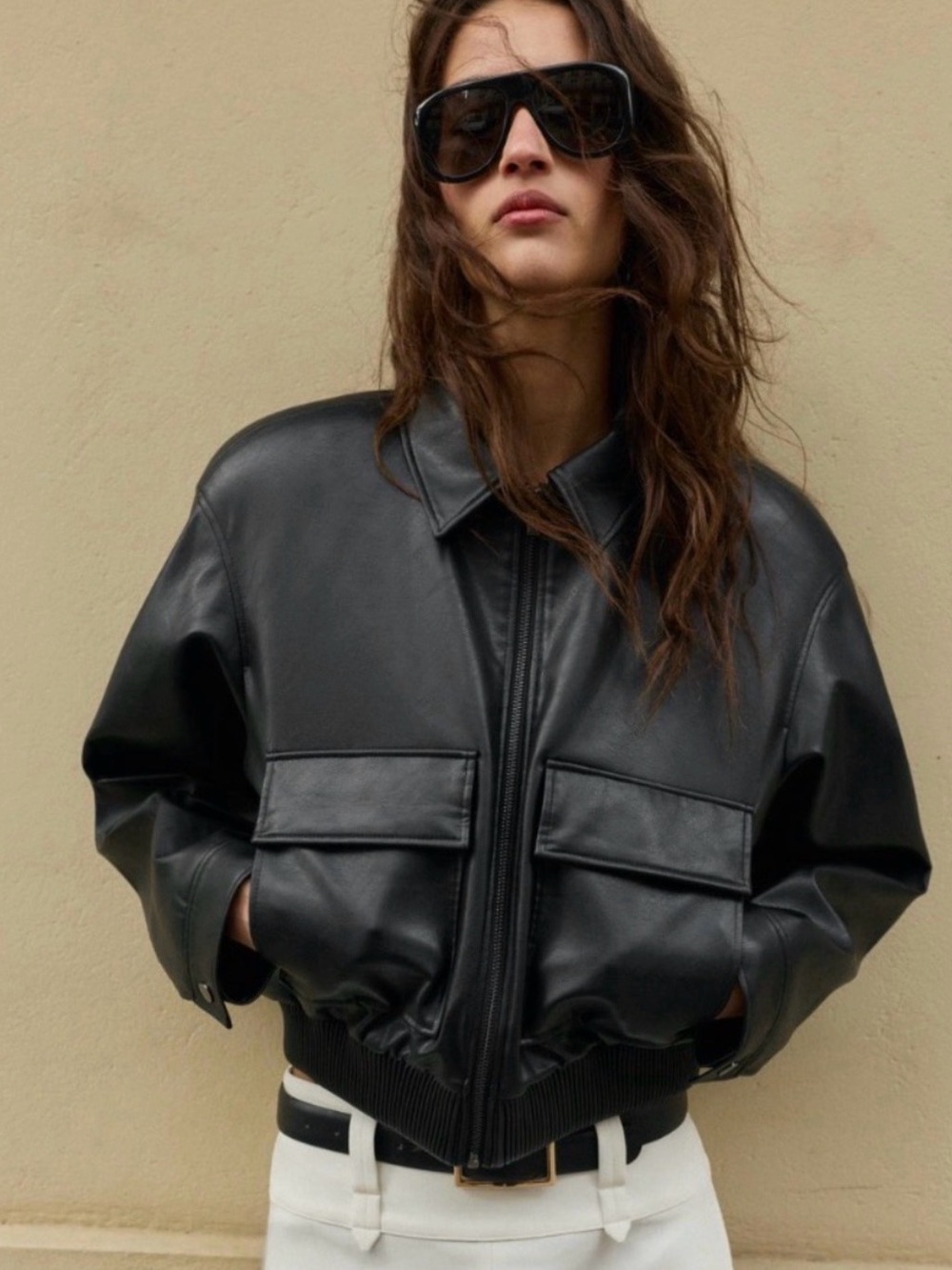 Zara Faux Leather Bomber Jacket with Shoulder Pads
